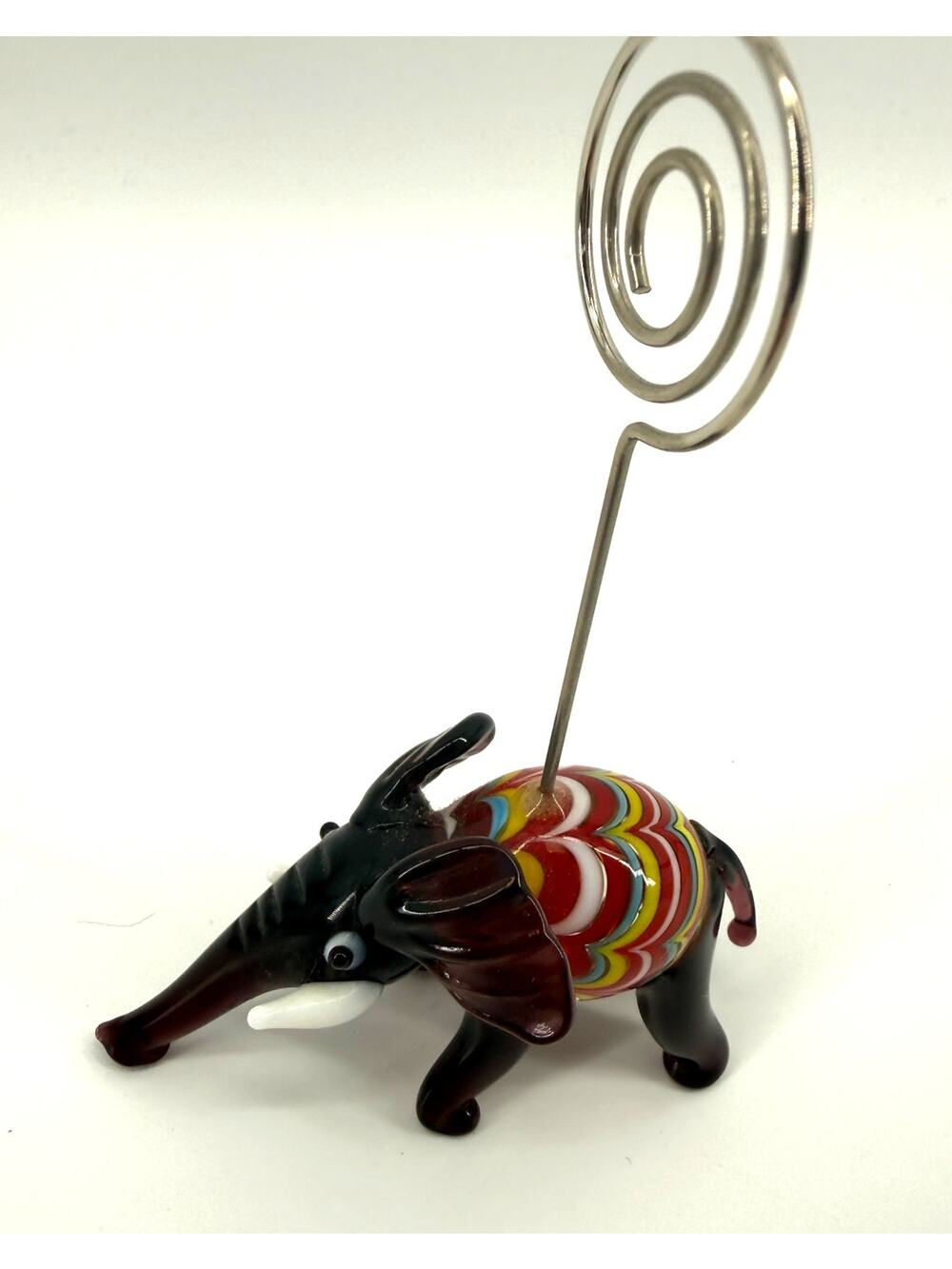 Hand Blown Glass Elephant Photo Holder Memo Clip Figurine Rainbow Swirl Art